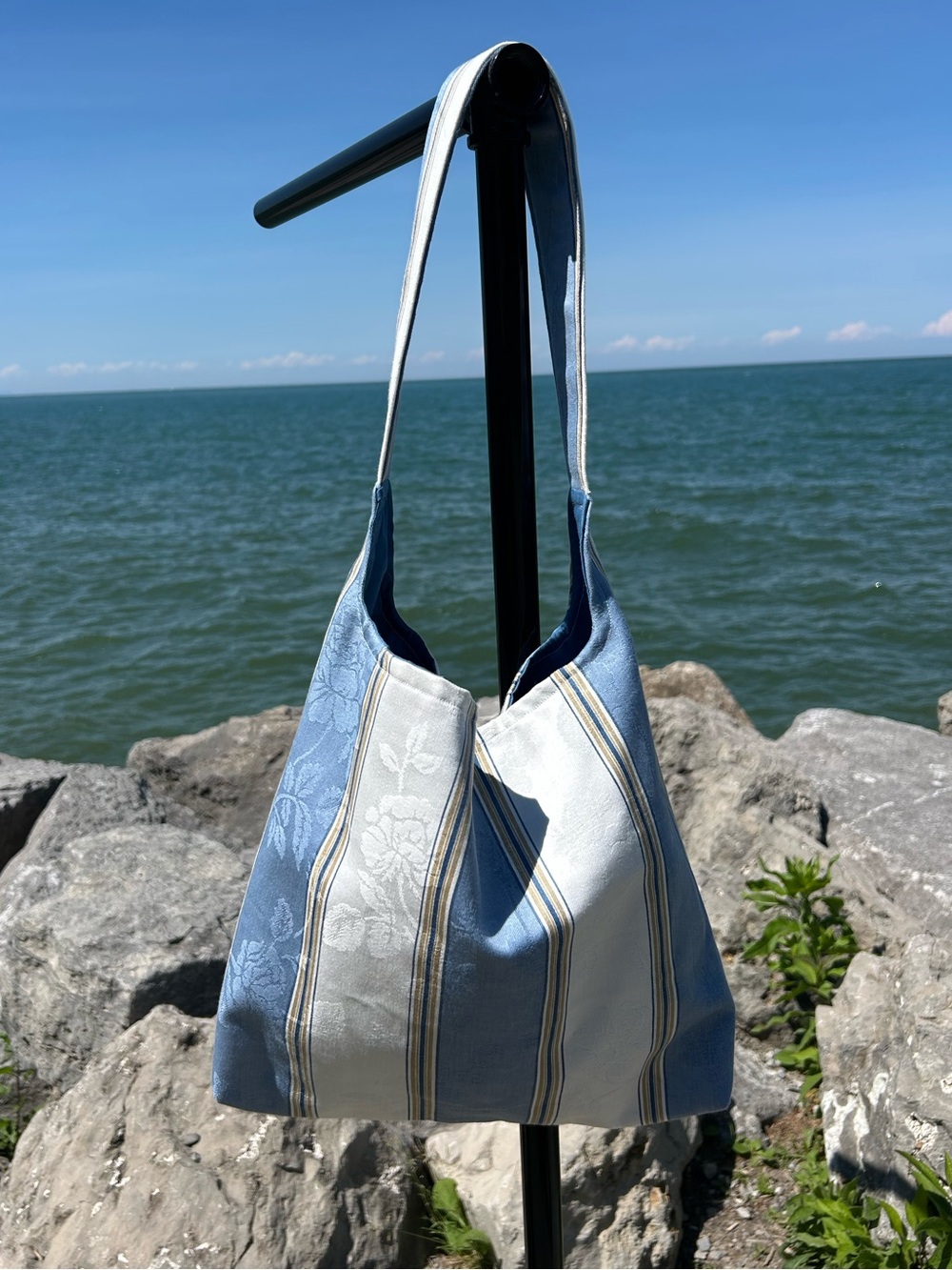 Blue and White Striped Upholstery Shoulder Bag
